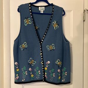 Quacker Factory Blue Knit Vest with Embroidery